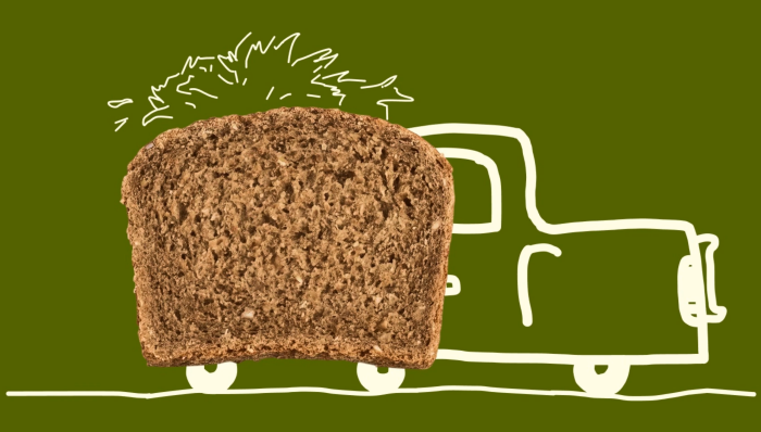 Illustration of a bread delivery truck carrying a slice of Tonus bread